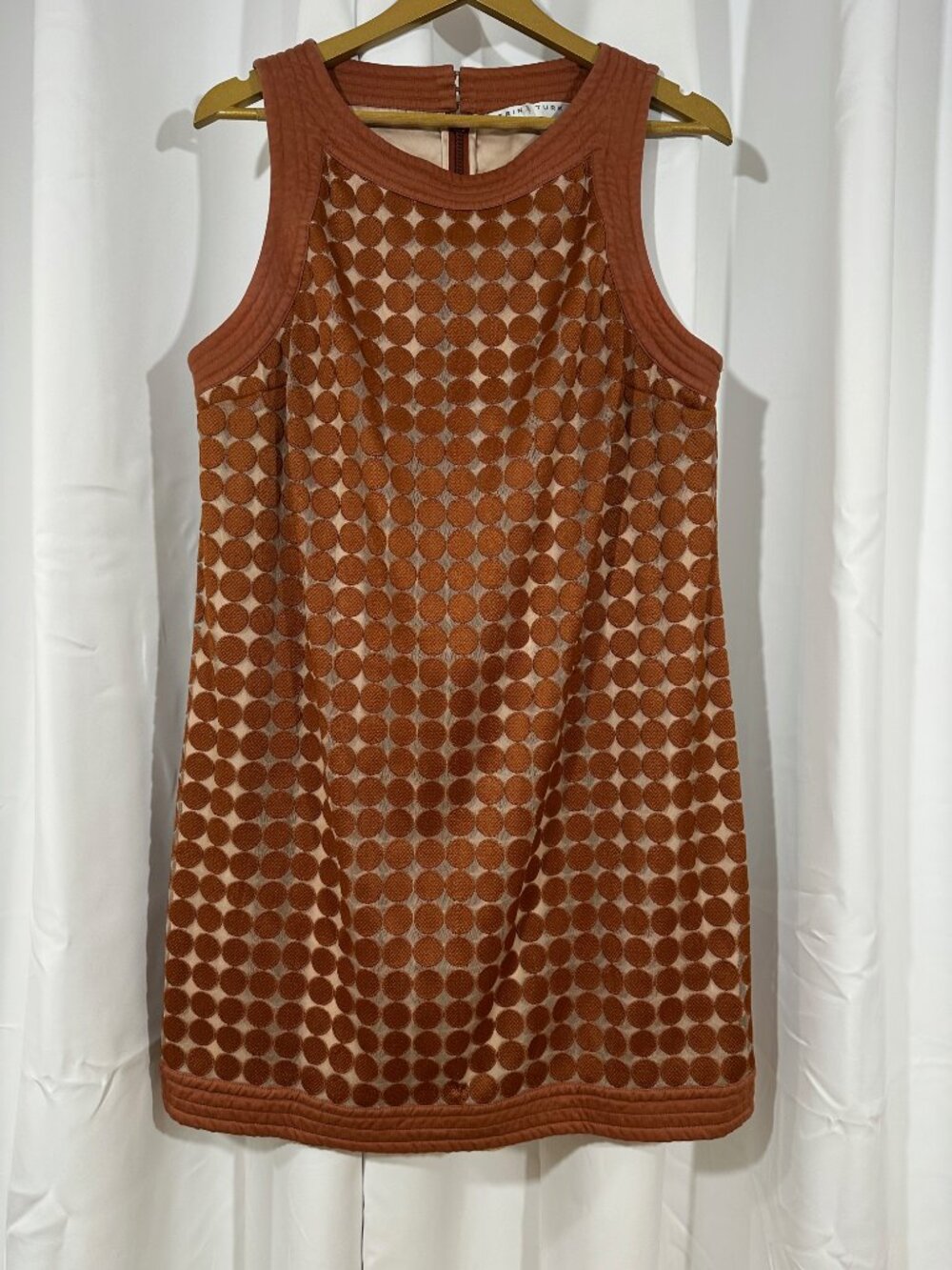 Trina Turk Women's Large Sleeveless Shift Dress Brown Nude Polka Dot Mod